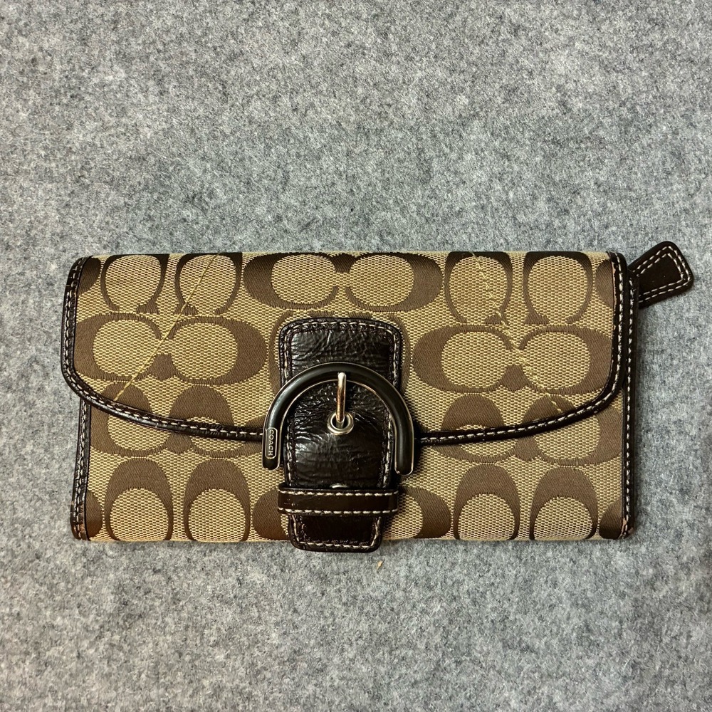 COACH Soho Signature Logo Buckle Slim Envelope Wallet Brown Beige Clutch Y2K